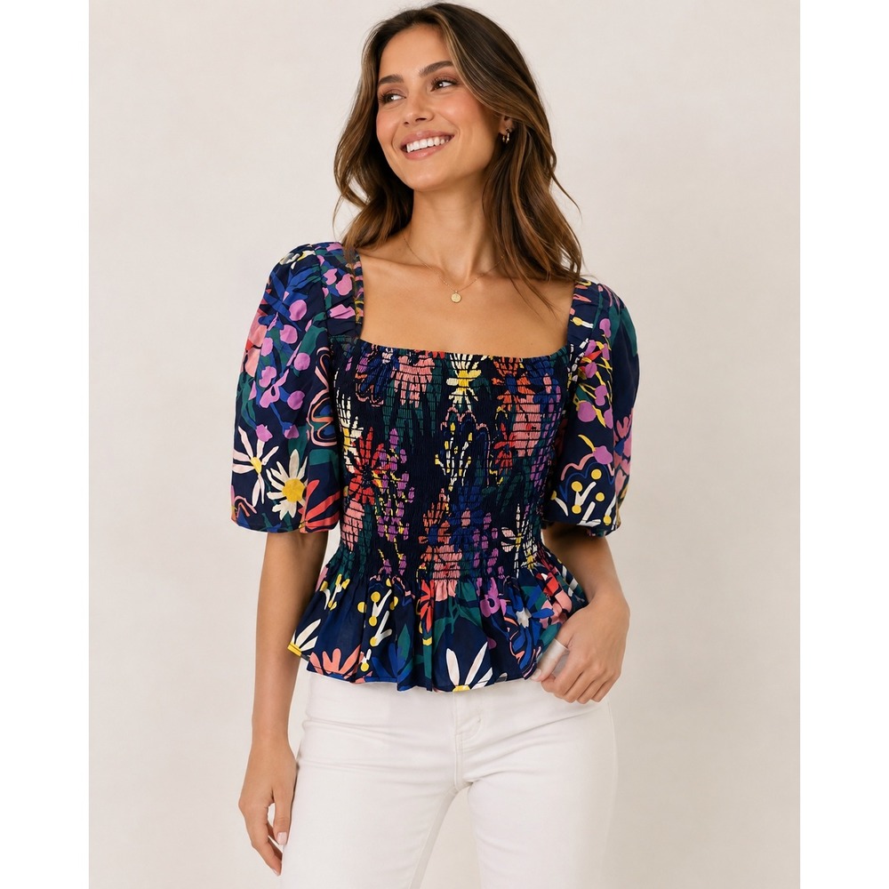 Corey Lynn Calter Floral Smocked Peplum Top Puff Sleeve Navy Multi Cotton L